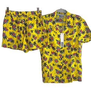 LHD 100% Silk Shorts Shirt Set •Women S• Pull On Yellow Floral NWT $495